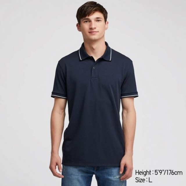 Áo thun polo UNIQLO nam sọc cổ & tay áo - Màu navy