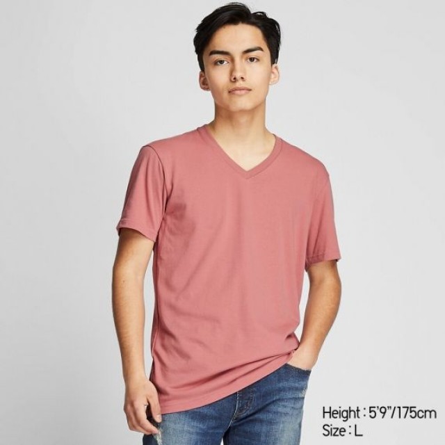 Áo thun Basis nam Uniqlo cổ tim, tay ngắn màu hồng 