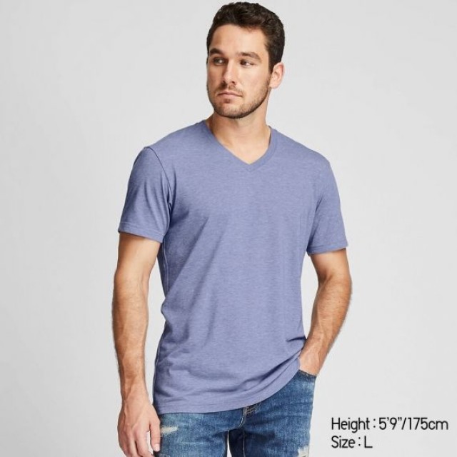 Áo thun Basis nam Uniqlo cổ tim, tay ngắn xanh biển 