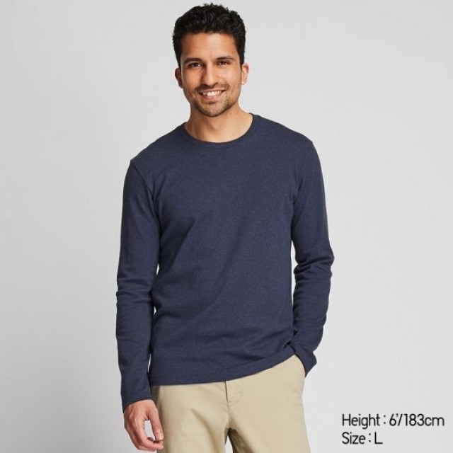 Áo thun nam cổ tròn tay dài Uniqlo Soft Touch màu xanh biển 
