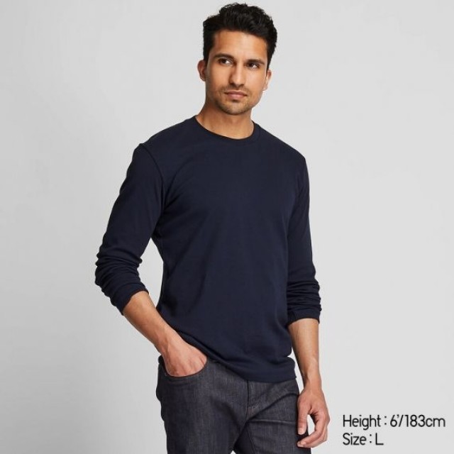 Áo thun nam cổ tròn tay dài Uniqlo Soft Touch màu navy 