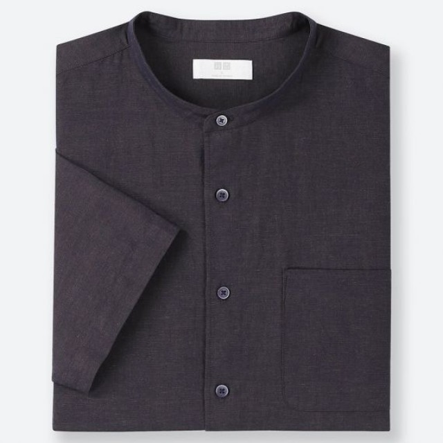 Áo sơmi nam Uniqlo tay ngắn Linen Cotton Stand Collar màu navy 