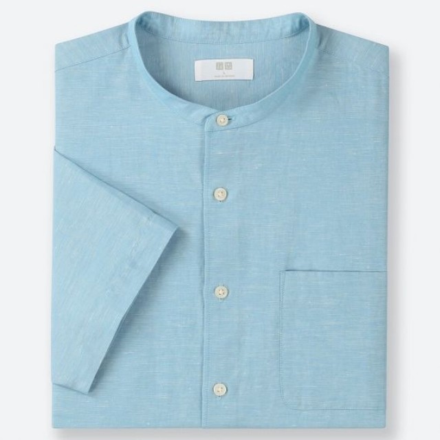 Áo sơmi nam Uniqlo tay ngắn Linen Cotton Stand Collar xanh lá 