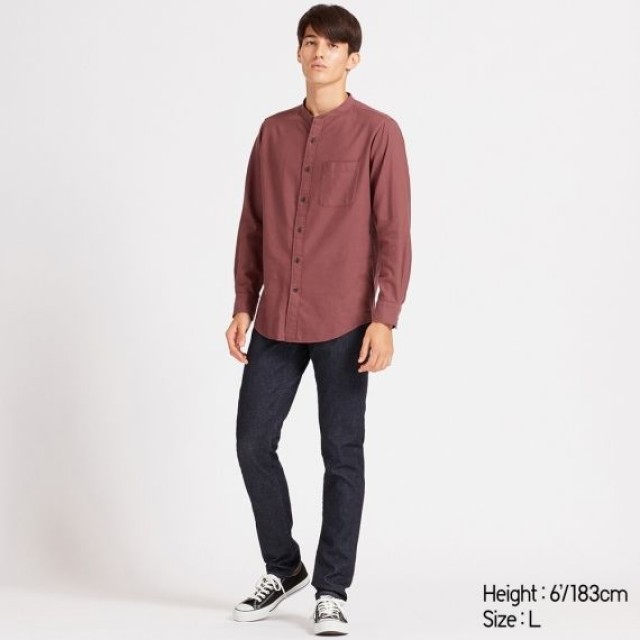 Áo sơmi nam Uniqlo tay dài Soft Twill Stand Collar màu rượu vang 