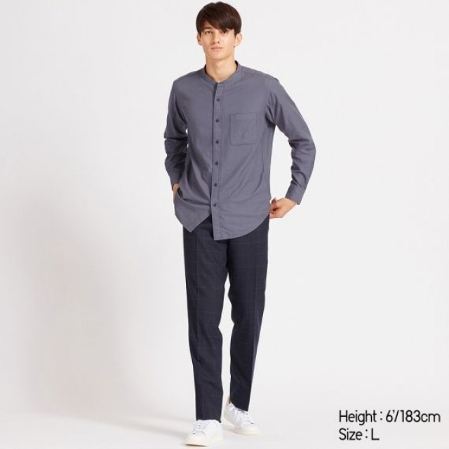 Áo sơmi nam Uniqlo tay dài Soft Twill Stand Collar màu xanh biển 