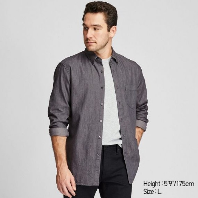 Áo sơmi nam Uniqlo tay dài Denim Slim Fit màu xám đậm 